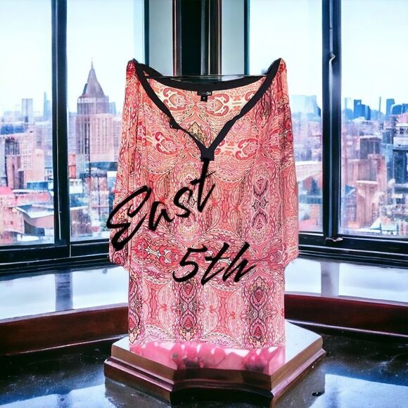 East 5th l Sheer l Tunic Top Blouse l Pink/Red Black Trim l 3/4 Sleeve l 3X EUC - Picture 11 of 11